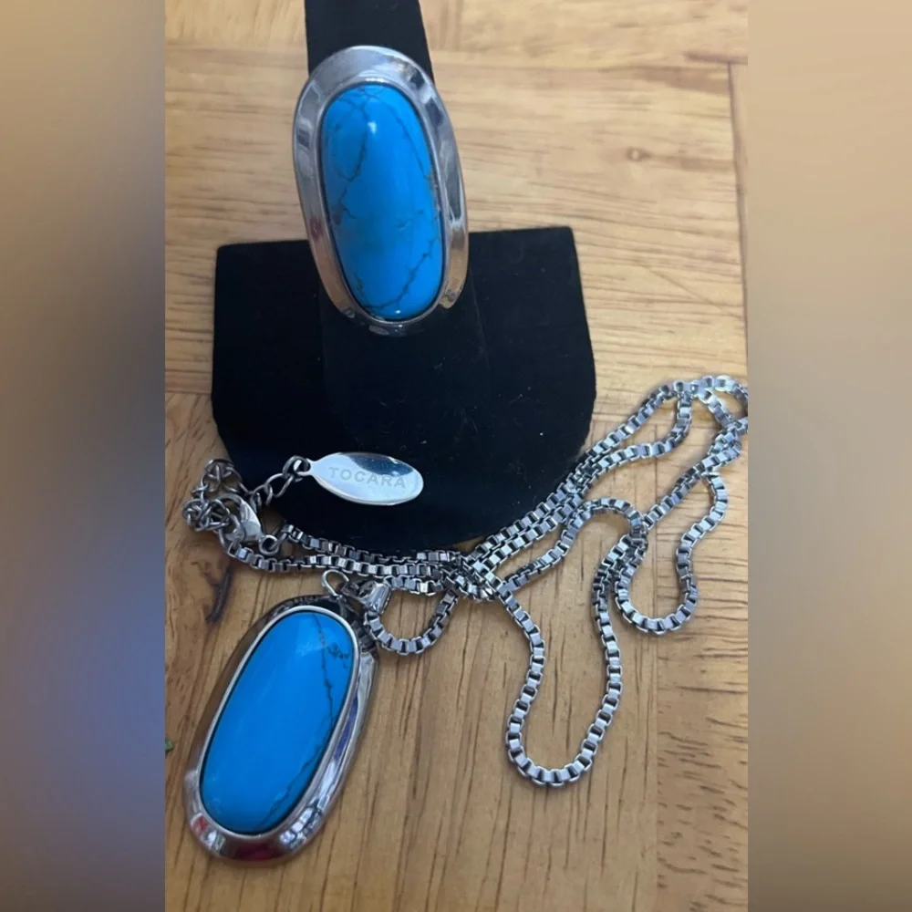 “Tocara” Silver & Blue Stone Ring 7.5 Necklace Stainless Steel Set - Picture 5 of 9